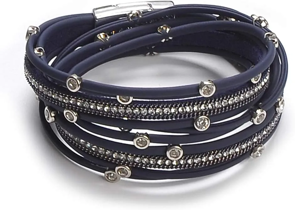 Women Leather Wrap Bracelet Stud Beads Crystal Cuff Bracelets Jewelry for Ladies